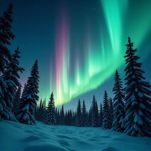 The northern lights over a snowy forest