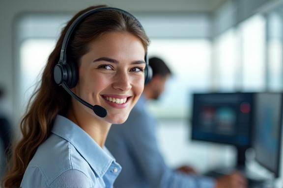 A friendly support agent with a headset in a modern office