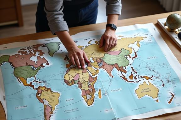 A travel expert planning a route on a large map