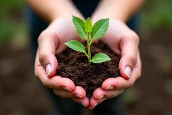 Hands holding a young plant, symbolizing sustainable travel